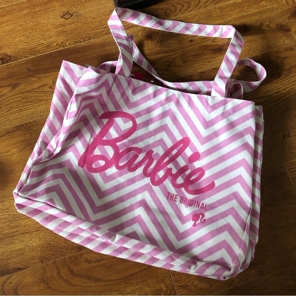 SkinnyDip X Barbie pink & white striped large tote bag - Picture 1 of 4